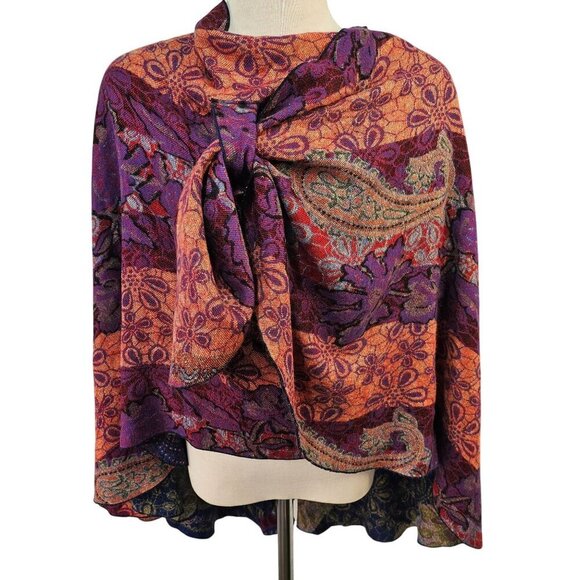 Cashmere Reversible Wrap Shawl Hands-Free Shoulder Loop Blue/Green + Purple/Cora - Picture 4 of 10